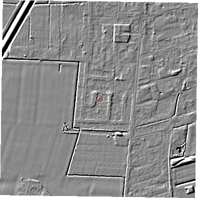 Shaded relief map of the ground around DN84SG, computed from Environment Agency LiDAR. The ground here sits at about 2 m above sea level and falls 14 m across the surrounding 800 m. Surface water reaching this point runs off ground lying to the north-north-west, 1.0 m higher.