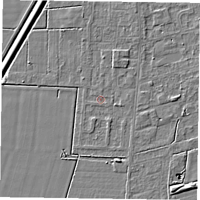 Shaded relief map of the ground around DN84SH, computed from Environment Agency LiDAR. The ground here sits at about 1 m above sea level and falls 14 m across the surrounding 800 m. Surface water reaching this point runs off ground lying to the north-west, 0.7 m higher.