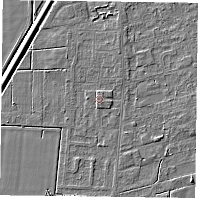 Shaded relief map of the ground around DN84SL, computed from Environment Agency LiDAR. The ground here sits at about 3 m above sea level and falls 5 m across the surrounding 800 m. Surface water reaching this point runs off ground lying to the south-west, 1.5 m higher.