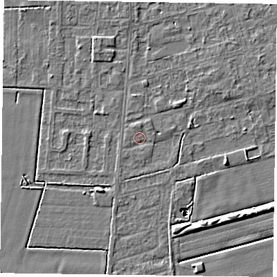 Shaded relief map of the ground around DN84SN, computed from Environment Agency LiDAR. The ground here sits at about 2 m above sea level and falls 14 m across the surrounding 800 m. Surface water reaching this point runs off ground lying to the north, 1.3 m higher.