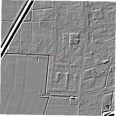 Shaded relief map of the ground around DN84SP, computed from Environment Agency LiDAR. The ground here sits at about 2 m above sea level and falls 14 m across the surrounding 800 m. Surface water reaching this point runs off ground lying to the south-east, 0.5 m higher.
