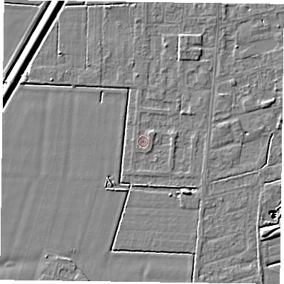 Shaded relief map of the ground around DN84SQ, computed from Environment Agency LiDAR. The ground here sits at about 1 m above sea level and falls 14 m across the surrounding 800 m. Surface water reaching this point runs off ground lying to the north-east, 0.8 m higher.