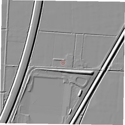 Shaded relief map of the ground around DN84SR, computed from Environment Agency LiDAR. The ground here sits at about 2 m above sea level and falls 7 m across the surrounding 800 m. Surface water reaching this point runs off ground lying to the north-west, 1.3 m higher.