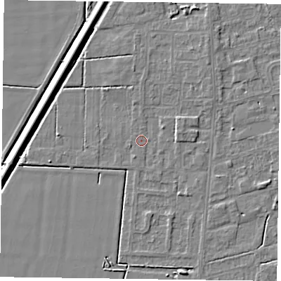 Shaded relief map of the ground around DN84ST, computed from Environment Agency LiDAR. The ground here sits at about 2 m above sea level and falls 5 m across the surrounding 800 m. The ground contributing surface water to this point lies to the south-south-west.