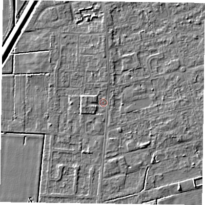 Shaded relief map of the ground around DN84SU, computed from Environment Agency LiDAR. The ground here sits at about 2 m above sea level and falls 5 m across the surrounding 800 m. Surface water reaching this point runs off ground lying to the west-south-west, 1.4 m higher.