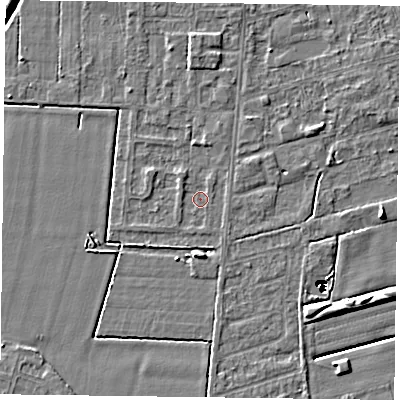 Shaded relief map of the ground around DN84SW, computed from Environment Agency LiDAR. The ground here sits at about 1 m above sea level and falls 14 m across the surrounding 800 m. Surface water reaching this point runs off ground lying to the north, 1.9 m higher.