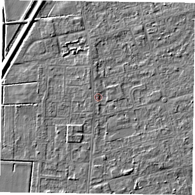 Shaded relief map of the ground around DN84SX, computed from Environment Agency LiDAR. The ground here sits at about 3 m above sea level and falls 5 m across the surrounding 800 m. Surface water reaching this point runs off ground lying to the north, 1.2 m higher.