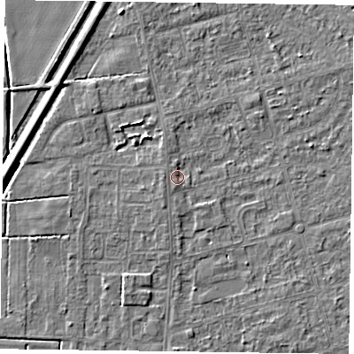 Shaded relief map of the ground around DN84SY, computed from Environment Agency LiDAR. The ground here sits at about 3 m above sea level and falls 5 m across the surrounding 800 m. Surface water reaching this point runs off ground lying to the south-south-west, 1.0 m higher.
