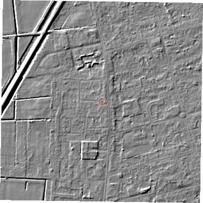 Shaded relief map of the ground around DN84SZ, computed from Environment Agency LiDAR. The ground here sits at about 3 m above sea level and falls 5 m across the surrounding 800 m. Surface water reaching this point runs off ground lying to the east-south-east, 0.5 m higher.