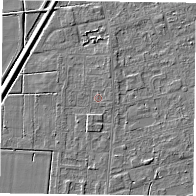 Shaded relief map of the ground around DN84TB, computed from Environment Agency LiDAR. The ground here sits at about 2 m above sea level and falls 5 m across the surrounding 800 m. Surface water reaching this point runs off ground lying to the north-north-east, 1.1 m higher.
