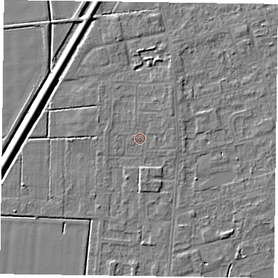 Shaded relief map of the ground around DN84TD, computed from Environment Agency LiDAR. The ground here sits at about 2 m above sea level and falls 5 m across the surrounding 800 m. Surface water reaching this point runs off ground lying to the east-north-east, 0.9 m higher.