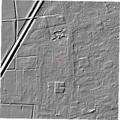Shaded relief map of the ground around DN84TE, computed from Environment Agency LiDAR. The ground here sits at about 3 m above sea level and falls 5 m across the surrounding 800 m. Surface water reaching this point runs off ground lying to the east-south-east, 0.5 m higher.