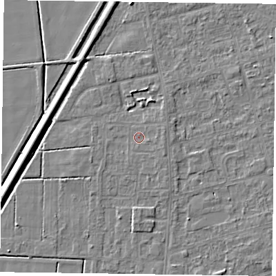 Shaded relief map of the ground around DN84TF, computed from Environment Agency LiDAR. The ground here sits at about 2 m above sea level and falls 5 m across the surrounding 800 m. Surface water reaching this point runs off ground lying to the east, 1.0 m higher.