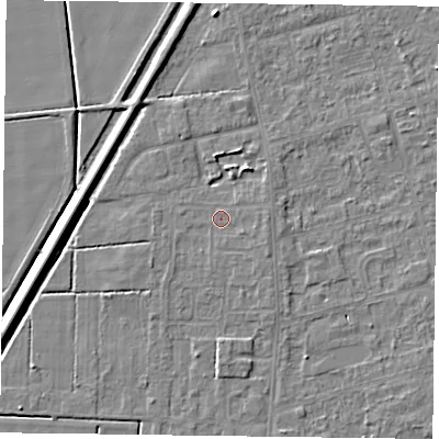 Shaded relief map of the ground around DN84TG, computed from Environment Agency LiDAR. The ground here sits at about 2 m above sea level and falls 5 m across the surrounding 800 m. Surface water reaching this point runs off ground lying to the east, 1.0 m higher.