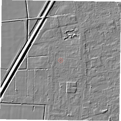 Shaded relief map of the ground around DN84TH, computed from Environment Agency LiDAR. The ground here sits at about 2 m above sea level and falls 5 m across the surrounding 800 m. Surface water reaching this point runs off ground lying to the east-south-east, 0.6 m higher.
