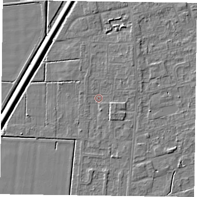 Shaded relief map of the ground around DN84TJ, computed from Environment Agency LiDAR. The ground here sits at about 2 m above sea level and falls 5 m across the surrounding 800 m. Surface water reaching this point runs off ground lying to the north-east, 1.7 m higher.