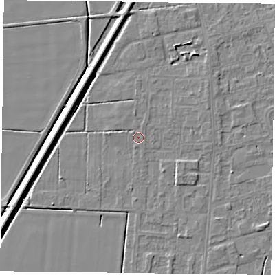 Shaded relief map of the ground around DN84TN, computed from Environment Agency LiDAR. The ground here sits at about 2 m above sea level and falls 5 m across the surrounding 800 m. Surface water reaching this point runs off ground lying to the north, 1.0 m higher.