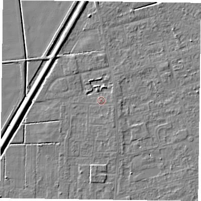 Shaded relief map of the ground around DN84TP, computed from Environment Agency LiDAR. The ground here sits at about 3 m above sea level and falls 5 m across the surrounding 800 m. Surface water reaching this point runs off ground lying to the north-west, 0.7 m higher.