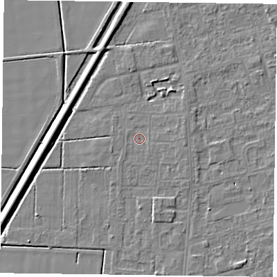 Shaded relief map of the ground around DN84TQ, computed from Environment Agency LiDAR. The ground here sits at about 2 m above sea level and falls 5 m across the surrounding 800 m. Surface water reaching this point runs off ground lying to the south-east, 0.5 m higher.