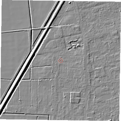 Shaded relief map of the ground around DN84TW, computed from Environment Agency LiDAR. The ground here sits at about 2 m above sea level and falls 5 m across the surrounding 800 m. Surface water reaching this point runs off ground lying to the east, 1.0 m higher.
