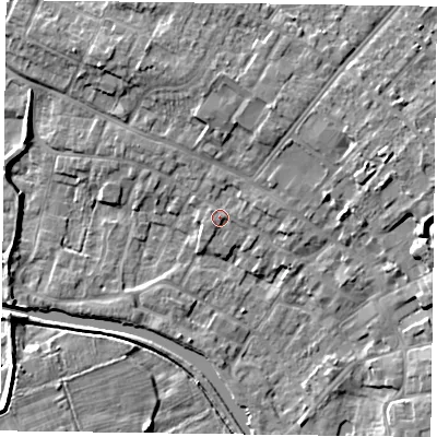 Shaded relief map of the ground around DN85AA, computed from Environment Agency LiDAR. The ground here sits at about 5 m above sea level and falls 9 m across the surrounding 800 m. Surface water reaching this point runs off ground lying to the east-north-east, 1.4 m higher.