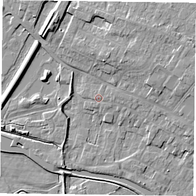 Shaded relief map of the ground around DN85AQ, computed from Environment Agency LiDAR. The ground here sits at about 5 m above sea level and falls 9 m across the surrounding 800 m. Surface water reaching this point runs off ground lying to the east, 1.4 m higher.