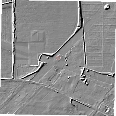 Shaded relief map of the ground around DN85BF, computed from Environment Agency LiDAR. The ground here sits at about 2 m above sea level and falls 8 m across the surrounding 800 m. Surface water reaching this point runs off ground lying to the west-south-west, 3.6 m higher.
