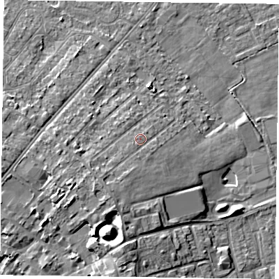 Shaded relief map of the ground around DN85BJ, computed from Environment Agency LiDAR. The ground here sits at about 6 m above sea level and falls 12 m across the surrounding 800 m. Surface water reaching this point runs off ground lying to the south-west, 3.4 m higher.