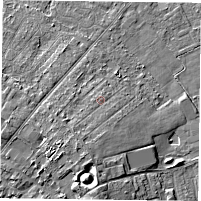 Shaded relief map of the ground around DN85BN, computed from Environment Agency LiDAR. The ground here sits at about 6 m above sea level and falls 12 m across the surrounding 800 m. Surface water reaching this point runs off ground lying to the south-south-west, 3.6 m higher.