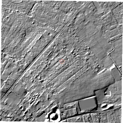 Shaded relief map of the ground around DN85BP, computed from Environment Agency LiDAR. The ground here sits at about 5 m above sea level and falls 12 m across the surrounding 800 m. Surface water reaching this point runs off ground lying to the south-west, 4.2 m higher.