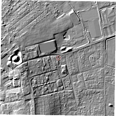 Shaded relief map of the ground around DN85BU, computed from Environment Agency LiDAR. The ground here sits at about 3 m above sea level and falls 12 m across the surrounding 800 m. Surface water reaching this point runs off ground lying to the west-south-west, 7.0 m higher.