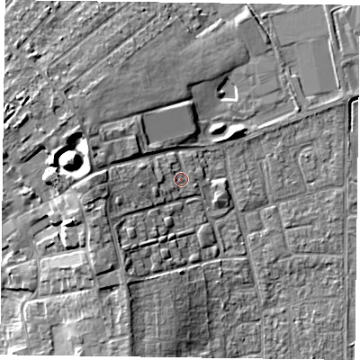 Shaded relief map of the ground around DN85BX, computed from Environment Agency LiDAR. The ground here sits at about 4 m above sea level and falls 12 m across the surrounding 800 m. Surface water reaching this point runs off ground lying to the west, 3.4 m higher.