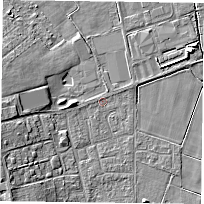 Shaded relief map of the ground around DN85BY, computed from Environment Agency LiDAR. The ground here sits at about 2 m above sea level and falls 9 m across the surrounding 800 m. Surface water reaching this point runs off ground lying to the west, 0.8 m higher.