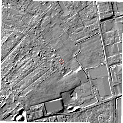 Shaded relief map of the ground around DN85BZ, computed from Environment Agency LiDAR. The ground here sits at about 2 m above sea level and falls 12 m across the surrounding 800 m. Surface water reaching this point runs off ground lying to the south-west, 8.0 m higher.