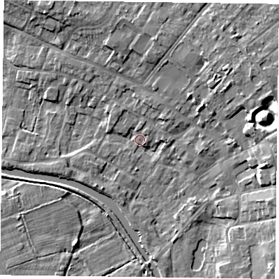 Shaded relief map of the ground around DN85DB, computed from Environment Agency LiDAR. The ground here sits at about 4 m above sea level and falls 12 m across the surrounding 800 m. Surface water reaching this point runs off ground lying to the north-north-east, 3.4 m higher.