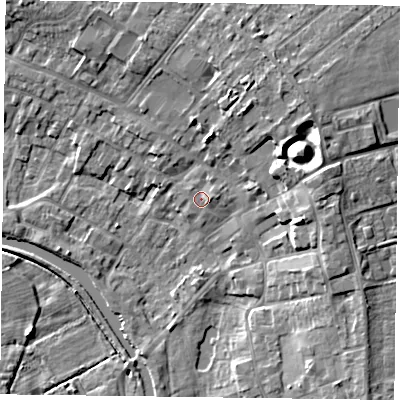 Shaded relief map of the ground around DN85DE, computed from Environment Agency LiDAR. The ground here sits at about 5 m above sea level and falls 12 m across the surrounding 800 m. Surface water reaching this point runs off ground lying to the north-north-east, 1.5 m higher.