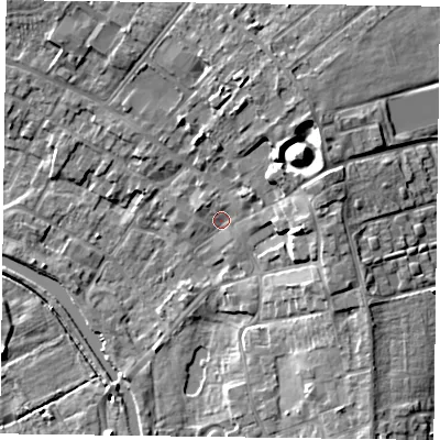 Shaded relief map of the ground around DN85DG, computed from Environment Agency LiDAR. The ground here sits at about 4 m above sea level and falls 12 m across the surrounding 800 m. Surface water reaching this point runs off ground lying to the east-north-east, 6.2 m higher.