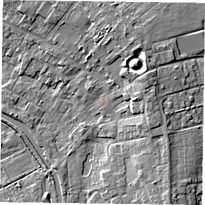 Shaded relief map of the ground around DN85DP, computed from Environment Agency LiDAR. The ground here sits at about 5 m above sea level and falls 12 m across the surrounding 800 m. Surface water reaching this point runs off ground lying to the east-north-east, 6.2 m higher.