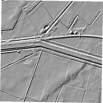 Shaded relief map of the ground around DN85DQ, computed from Environment Agency LiDAR. The ground here sits at about 1 m above sea level and falls 5 m across the surrounding 800 m. Surface water reaching this point runs off ground lying to the east-south-east, 2.7 m higher.
