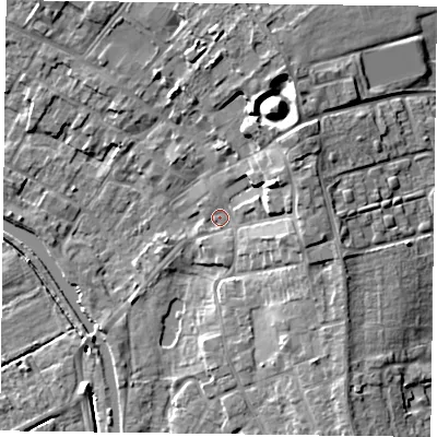 Shaded relief map of the ground around DN85DT, computed from Environment Agency LiDAR. The ground here sits at about 4 m above sea level and falls 12 m across the surrounding 800 m. Surface water reaching this point runs off ground lying to the east-north-east, 6.1 m higher.