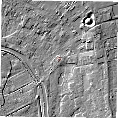 Shaded relief map of the ground around DN85DU, computed from Environment Agency LiDAR. The ground here sits at about 4 m above sea level and falls 12 m across the surrounding 800 m. Surface water reaching this point runs off ground lying to the south-west, 0.7 m higher.