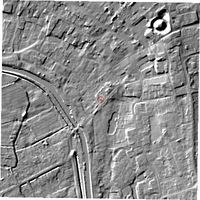 Shaded relief map of the ground around DN85DX, computed from Environment Agency LiDAR. The ground here sits at about 3 m above sea level and falls 12 m across the surrounding 800 m. Surface water reaching this point runs off ground lying to the north-east, 11.3 m higher.