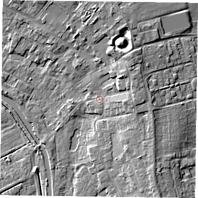 Shaded relief map of the ground around DN85DY, computed from Environment Agency LiDAR. The ground here sits at about 4 m above sea level and falls 12 m across the surrounding 800 m. Surface water reaching this point runs off ground lying to the north-east, 6.1 m higher.
