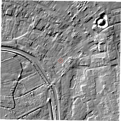 Shaded relief map of the ground around DN85EA, computed from Environment Agency LiDAR. The ground here sits at about 2 m above sea level and falls 12 m across the surrounding 800 m. Surface water reaching this point runs off ground lying to the south-south-west, 2.3 m higher.