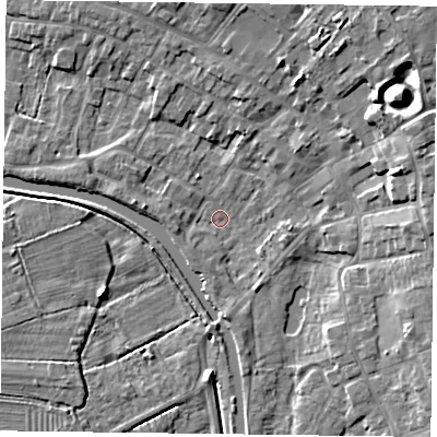 Shaded relief map of the ground around DN85EB, computed from Environment Agency LiDAR. The ground here sits at about 2 m above sea level and falls 12 m across the surrounding 800 m. Surface water reaching this point runs off ground lying to the south, 2.3 m higher.