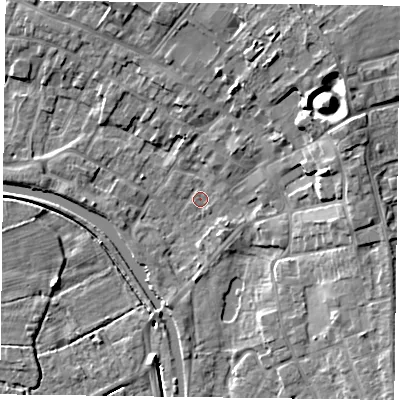 Shaded relief map of the ground around DN85ED, computed from Environment Agency LiDAR. The ground here sits at about 3 m above sea level and falls 12 m across the surrounding 800 m. Surface water reaching this point runs off ground lying to the north-east, 11.3 m higher.