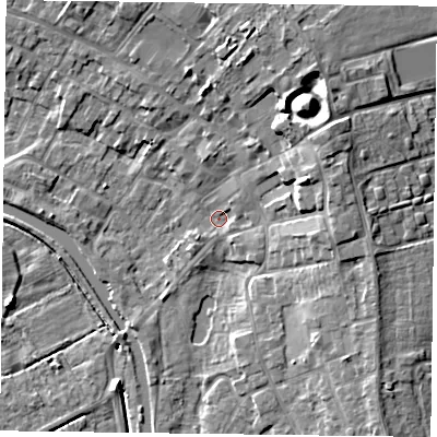 Shaded relief map of the ground around DN85EE, computed from Environment Agency LiDAR. The ground here sits at about 3 m above sea level and falls 12 m across the surrounding 800 m. Surface water reaching this point runs off ground lying to the north-east, 1.9 m higher.