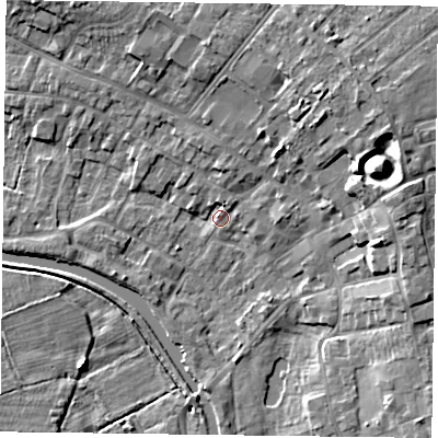Shaded relief map of the ground around DN85EF, computed from Environment Agency LiDAR. The ground here sits at about 4 m above sea level and falls 12 m across the surrounding 800 m. Surface water reaching this point runs off ground lying to the east-north-east, 10.0 m higher.