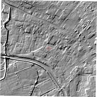 Shaded relief map of the ground around DN85EG, computed from Environment Agency LiDAR. The ground here sits at about 3 m above sea level and falls 9 m across the surrounding 800 m. Surface water reaching this point runs off ground lying to the north-north-east, 7.2 m higher.