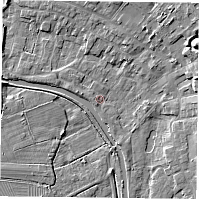 Shaded relief map of the ground around DN85EJ, computed from Environment Agency LiDAR. The ground here sits at about 3 m above sea level and falls 12 m across the surrounding 800 m. Surface water reaching this point runs off ground lying to the south-south-east, 2.3 m higher.